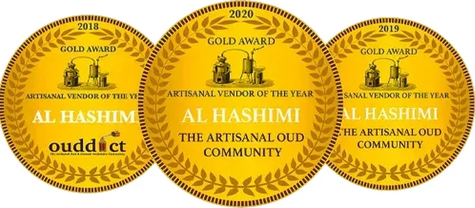 Three Ouddict gold award medals: Al Hashimi, Artisanal Vendor of the Year 2018, 2019 and 2020